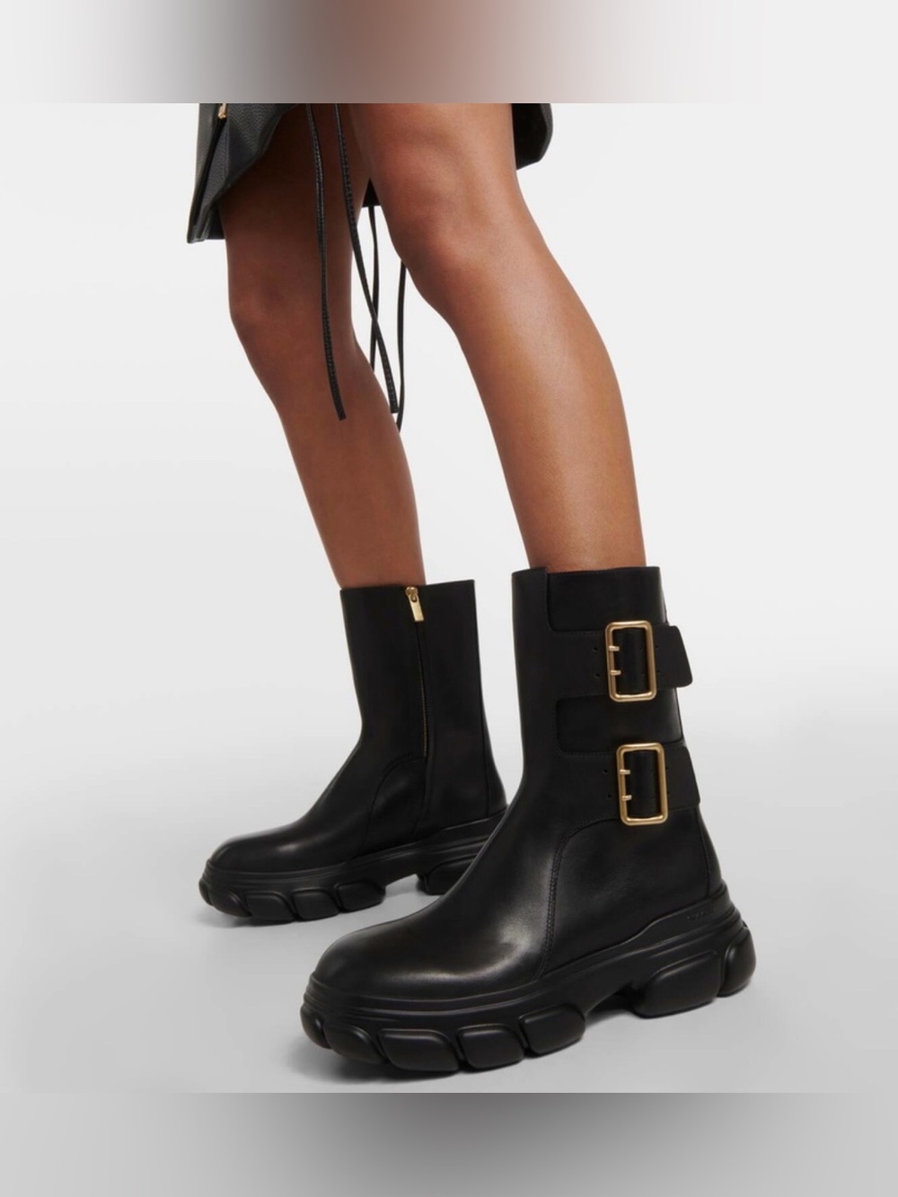 Simkhai Black Leather Combat Boots with Gold Buckle Accents
